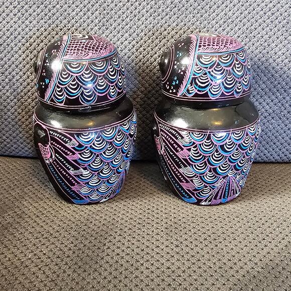 Vintage Burmese Lacquerware Owl Jar Set Purple & Black - Picture 2 of 10
